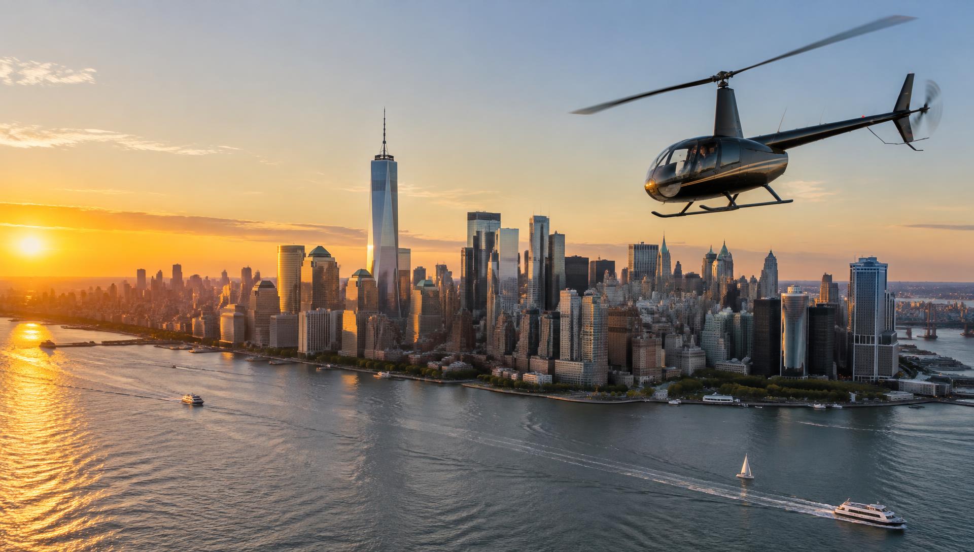 Helicopter above New York Harbor and the Manhattan skyline