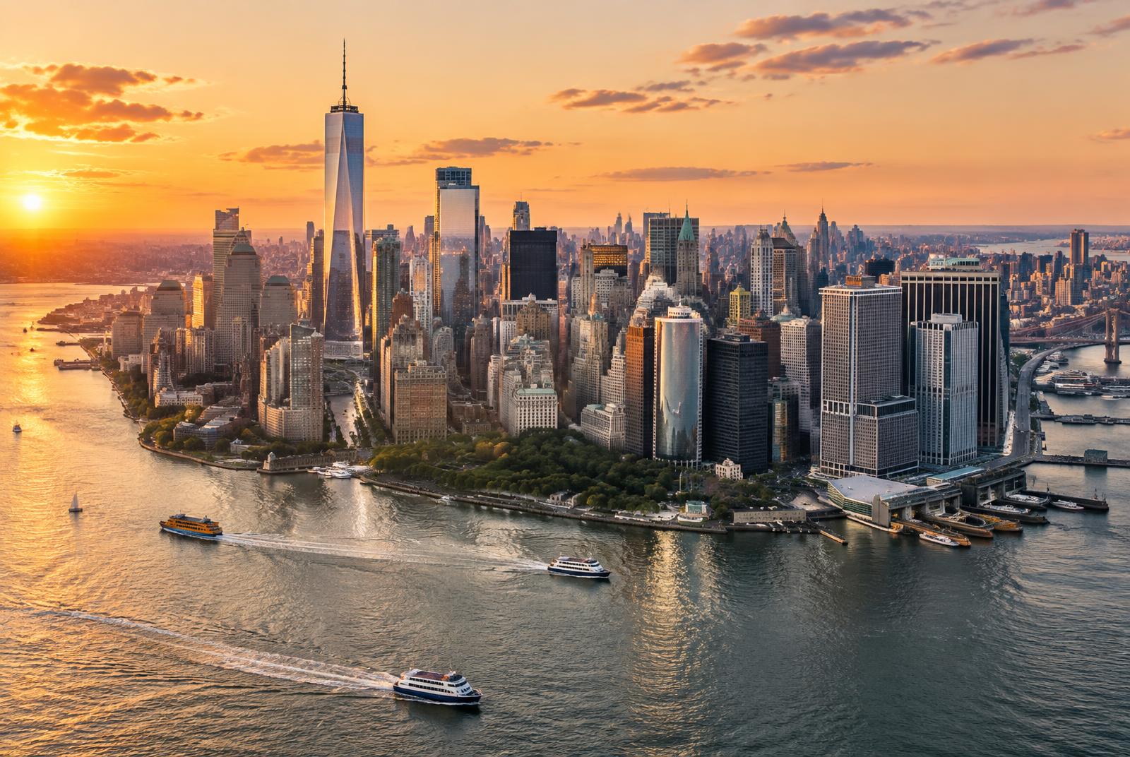 Manhattan waterfront and New York Harbor at sunset